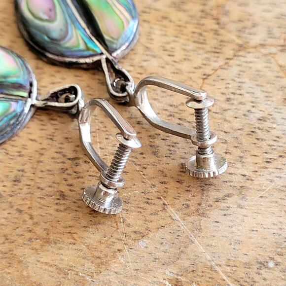 Vintage Abalone Silver 925 Leaf Earrings Screw Back - Picture 6 of 7